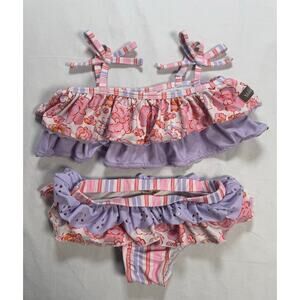 Matilda Jane Bikini Toddler Size 3T Pink Purple Floral Stripe Ruffles Blows